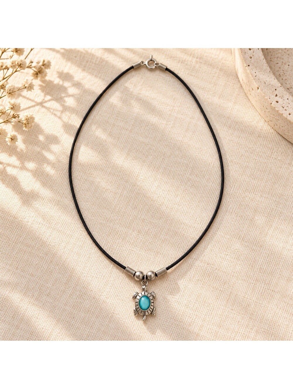 Silver Tone Turtle Pendant Necklace Blue Center Black Cord 16” 1” Charm